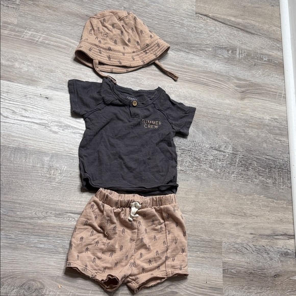 Grayson Mini Other - Summer Crew Baby Tee with Tan Printed Shorts & Bucket Hat Size 12M